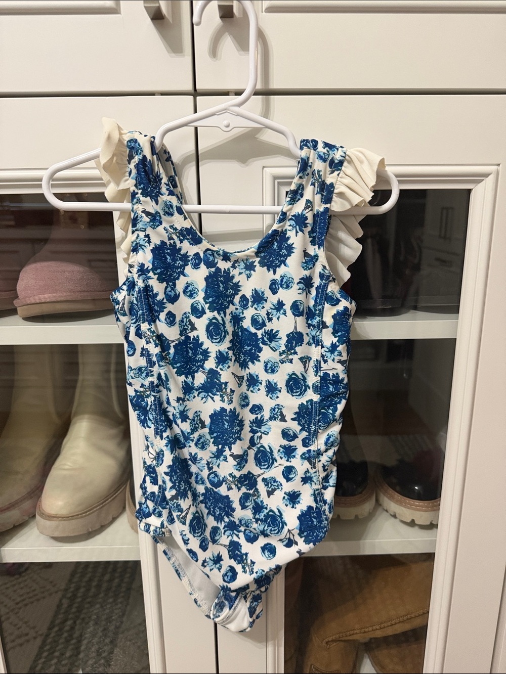 Blue Floral Ruffle-Shoulder Girls One-Piece Swimsuit